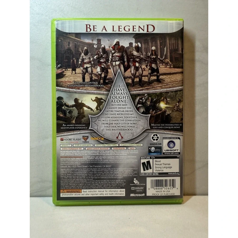 Assassins Creed Brotherhood Xbox 360 Ubisoft Action Adventure Game NTSC M Rating